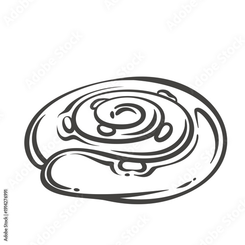 Cinnamon roll with spiral dough shape and dripping icing glaze. Sweet bakery bun in retro line style, monochrome pastry illustration for cafe menu, logo design, vector illustration.