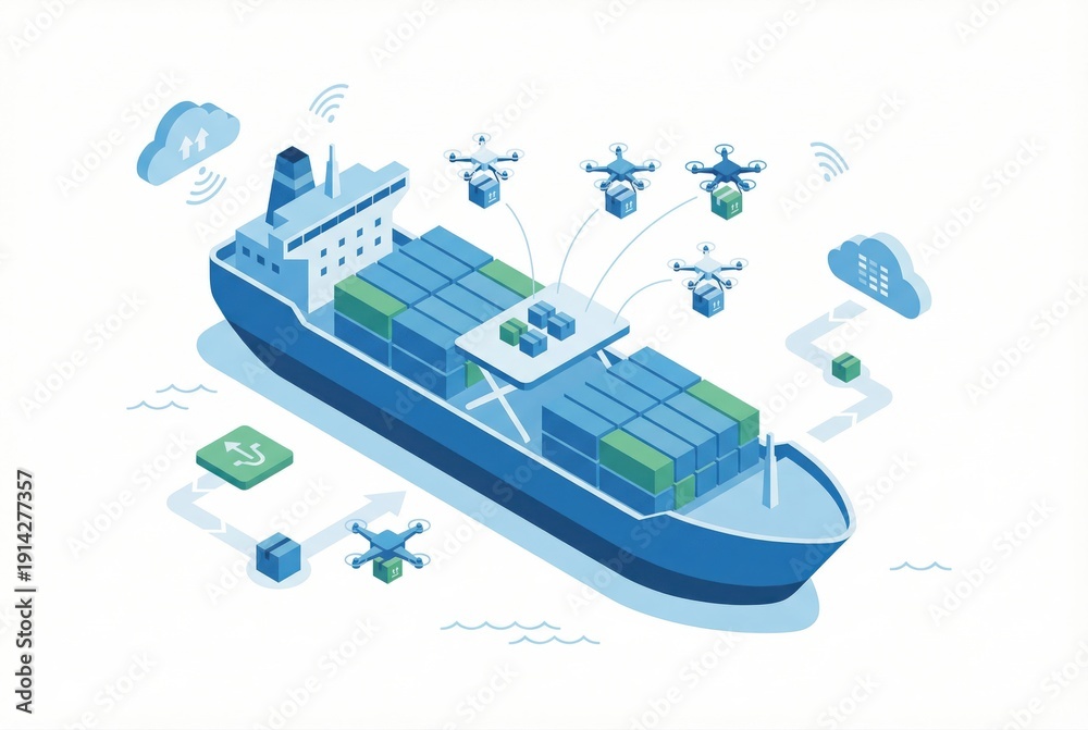 Obraz premium Advanced logistics ecosystem visualizing the integration of drones and cloud technology in maritime shipping with containers depicting modern supply chain innovation