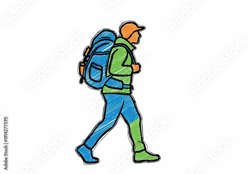 A hiker with a large backpack walks with determination, ready for an outdoor adventure, symbolizing exploration and the joy of the journey through diverse terrains