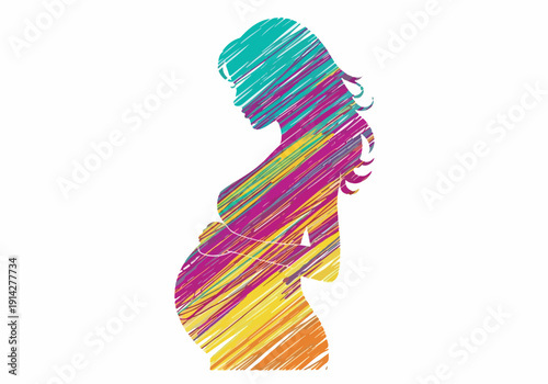 Abstract pregnant woman silhouette with colorful scribbled lines, symbolizing new life, a growing family, and the journey of motherhood in a vibrant artistic style