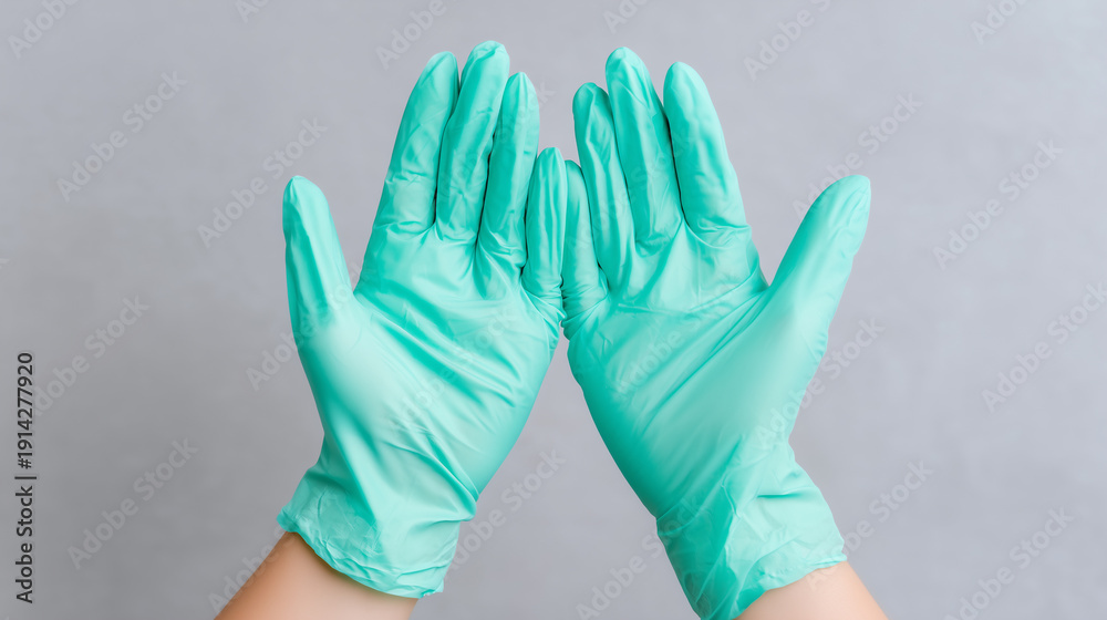 Fototapeta premium Hands wearing teal disposable gloves positioned together against a gray background, for themes about personal protective equipment, medical safety, infection control, healthcare practices