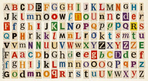 Complete set of English ABC characters and digits 0-9 collage created from newspaper clippings for anonymous message design concept