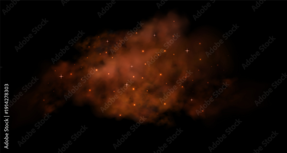 Naklejka premium Abstract orange smoke effect with floating sparks creates dramatic fire atmosphere, ideal for overlay compositions with mysterious fog and burning ember elements.