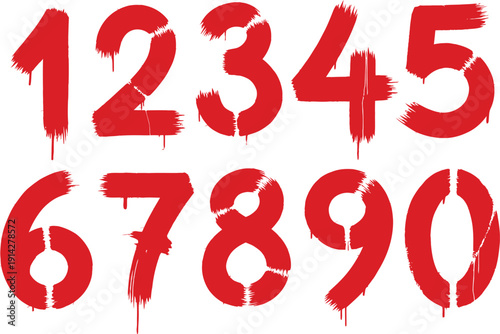 A set of red painted numbers on a white background