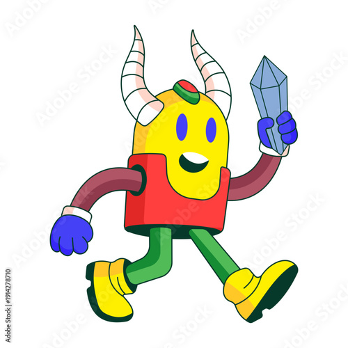 A flat style illustration showing a horned goat character