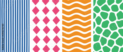 A colorful abstract pattern featuring various geometric designs on a white background