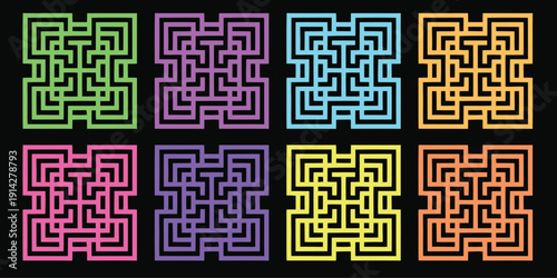 A vibrant collection of colorful maze designs on a black background