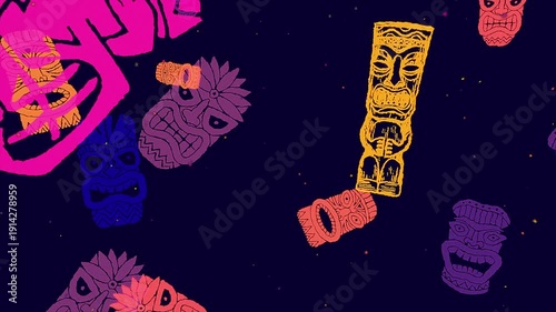 Grainy abstract tiki masks form a loop on a mysterious dark background.