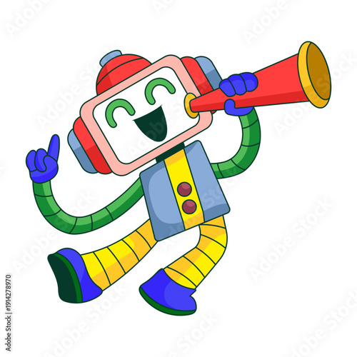 A flat style illustration showing a robot character blowing horn loudly