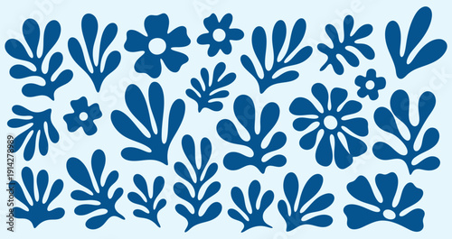 A vibrant blue floral pattern on a light blue background, featuring various stylized flowers and leaves.