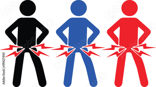 Three stick figures in black, blue, and red experiencing lower back pain with lightning bolt graphics.