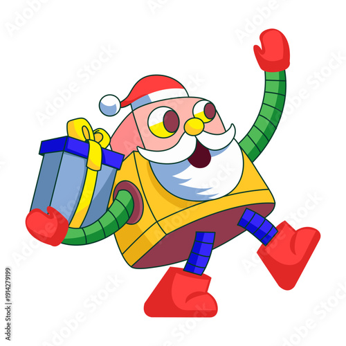 Flat illustration showing a robot character dressed as santa claus