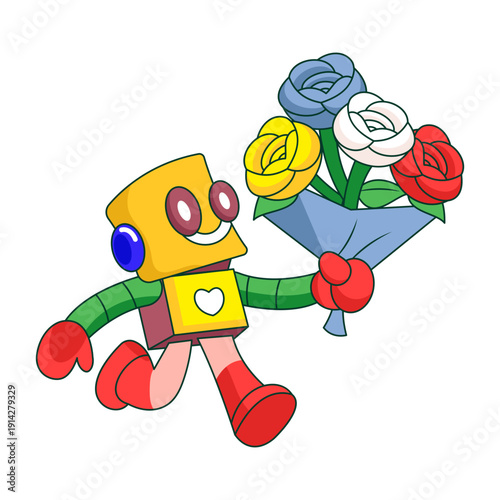 A flat style illustration showing a robot character holding bouquet