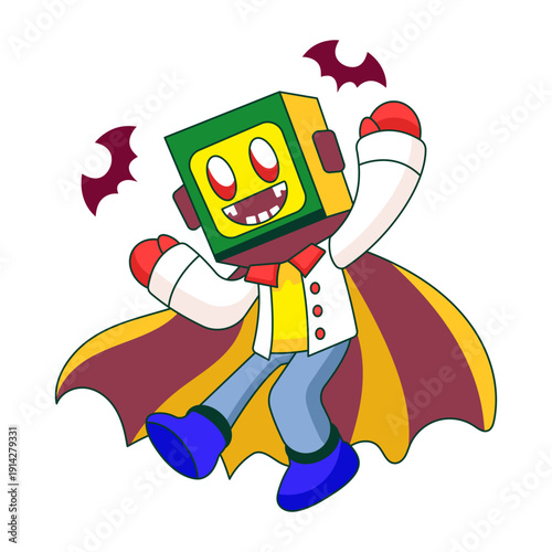 Flat illustration showing a robot character dressed as vampire