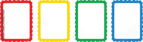 A set of colorful blank picture frames with wavy edges on a white background