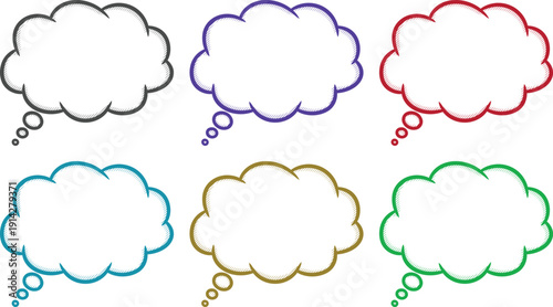 A colorful collection of thought bubbles in various colors on a white background