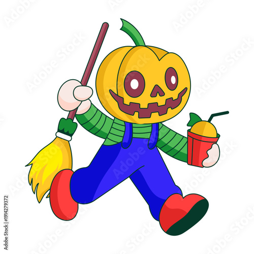 A flat style illustration showing a robot character dressed as scarecrow