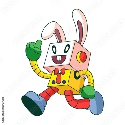 Flat illustration showing a robot character dressed as easter bunny