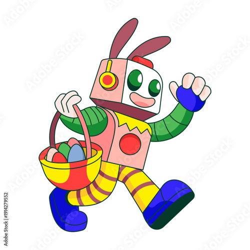 Flat illustration showing a robot character carrying easter basket