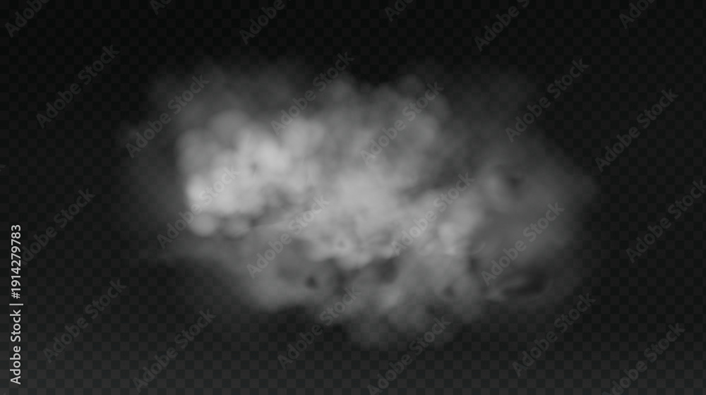 Obraz premium White smoke cloud with overlay effect on dark background. Realistic fog texture spreading along the floor. Atmospheric illustration of misty vapor or haze with dramatic light effect.