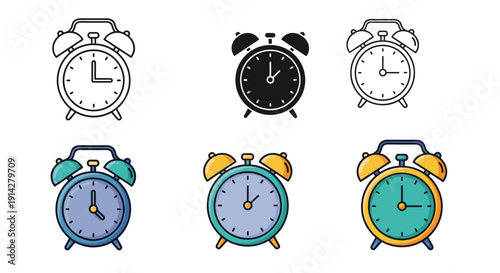 A vibrant assortment of six classic alarm clocks is meticulously displayed across two rows, featuring both minimalist outline designs and brightly colored variations in blue, green, and yellow hues.