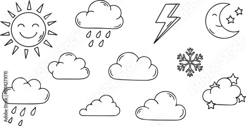 Weather icons with sun clouds rain lightning snow and moon isolated on transparent background