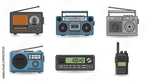 An eclectic array displays six distinct radio and communication devices, featuring vintage receivers, a classic boombox, and a modern walkie-talkie, each with unique designs and controls.