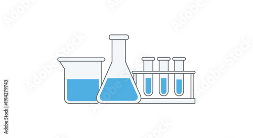 A clear and concise illustration showcases essential laboratory glassware, including a beaker, an Erlenmeyer flask, and multiple test tubes in a rack, all filled with a bright blue liquid solution.