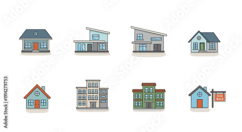 A charming compilation presents eight diverse house and residential building illustrations, showcasing various architectural styles and colors, with one prominently featuring a for sale sign.
