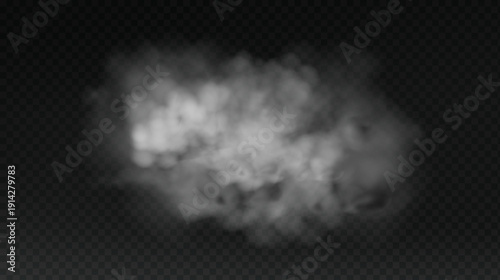 White smoke cloud with overlay effect on dark background. Realistic fog texture spreading along the floor. Atmospheric illustration of misty vapor or haze with dramatic light effect.