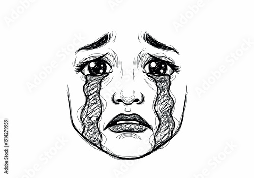 Close-up hand-drawn illustration of a person with tear-streaked eyes, conveying sadness and distress