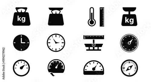 Twelve black and white icons illustrate various measurement instruments, including scales, clocks, a thermometer, rulers, gauges, and a compass, against a simple white background.