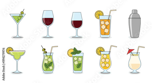 Ten colorful cocktails and red wines in various glasses are illustrated, accompanied by a silver shaker, all neatly arranged on a plain white background for bar and drink themes.