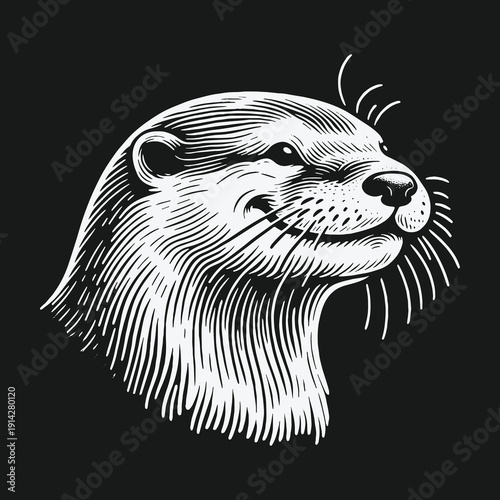 Detailed Engraving of a Focused Otter Head on Black Background.