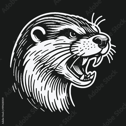 Intense Otter Head Illustration with Sharp Details and Aggressive Expression.