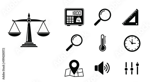 A professional collection of black silhouette icons, featuring a balance scale, digital scale, magnifying glasses, thermometer, clock, and map pin, neatly arranged on a white background.
