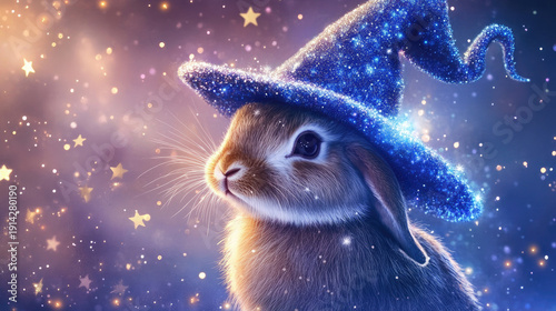 A cute rabbit wearing a wizard hat, surrounded by glowing stars and an ethereal ambiance. The rabbit's magical hat is adorned with sparkling details, adding a touch of enchantment AI Generative