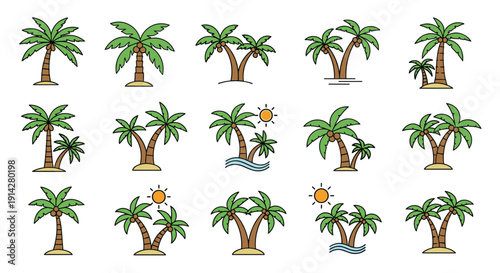 A collection of colorful flat design palm tree icons, featuring individual trees, clusters, and some on sandy beaches with sun and waves, on a white background.