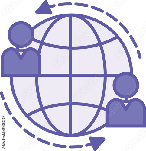 Colored Global Movement Icon. Vector Illustration. Planet Earth, People, and Arrows. Activists Around the World with Common Goals. Migration Concept