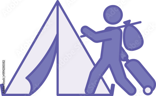 Colored Refugee Icon. Vector Illustration. Walking Person with Travel Suitcase and Tent for Refugees. Charity and Aid. Migration Concept