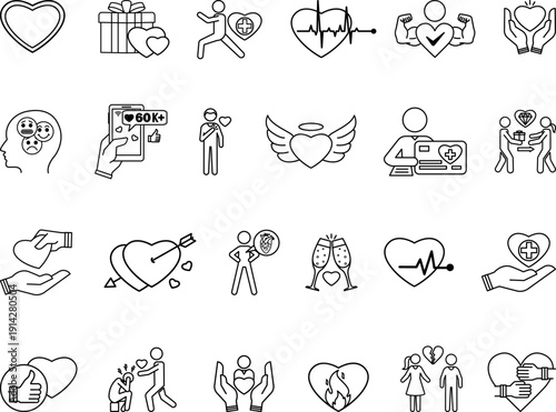 Line Heart Icon Set. Vector Illustrations: Heartbeat, Life, Passion, Popular, Health, Honest, Angel, Volunteer, Caring, Kindness, Cupid, Charity, Pulse, Appreciate, Celebration, and More