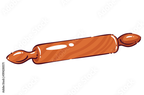 Wooden rolling pin for baking and pastry preparation. Classic rolling pin with wooden handles for dough, pie crust, cookie making. Doodle outline kitchen tool icon, cartoon vector illustration.