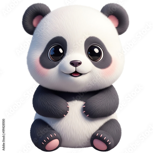 Adorable fluffy baby panda cartoon character smiling sweetly on an isolated black background. Cute animal illustration.