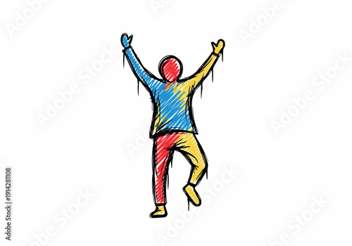 Energetic and joyful person with arms raised in excitement, depicted in a vibrant, sketch-like artistic style