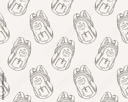 Seamless pattern with hand drawn school backpacks in black and white line art on white background, diagonal repeat vector design perfect for back to school, kids textile, wrapping paper, notebook cove