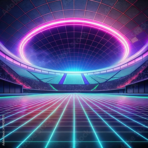 Empty futuristic stadium with glowing neon ring and grid pattern floor