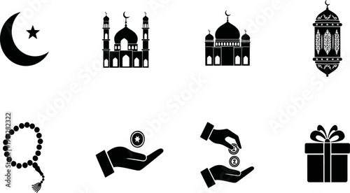 Islamic ramadan kareem icons set with mosque moon lantern and gifts