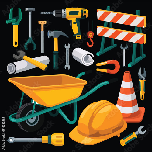 A clean vector, illustration displaying construction tools, and safety equipment, including helmets, hammers, wrenches, cones, and industrial gear for worksite, signage, and creative design projects.