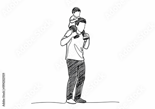 Line drawing of a father carrying his son on his shoulders, symbolizing family, love, and bonding