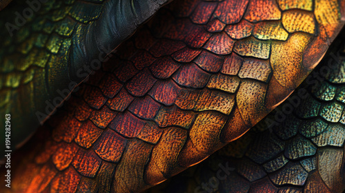 A detailed, colorful close-up of scales that change color, evoking a sense of mystery and magic. The scales boast an array of colors from the spectrum AI Generative